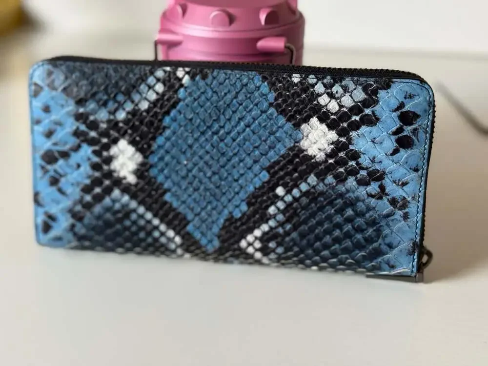 Coach Accordion Zip Around Wallet in Blue and Black Snakeskin Embossed Leather
